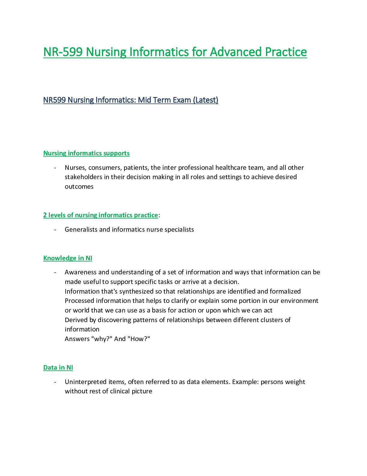 Preview of NR599 / NR-599 Midterm Exam (Latest 2021 /2022): Nursing Informatics for Advanced Practice